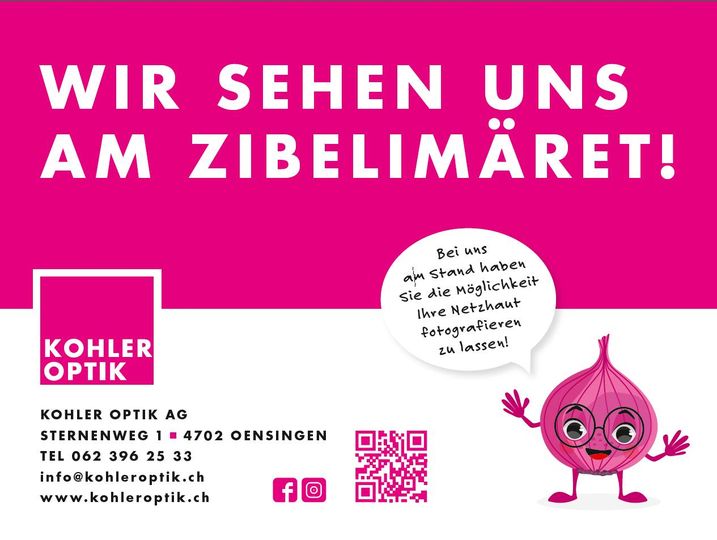 Besuchen Sie uns am Zibelimäret in Oensingen! Liebe Kundinnen,Liebe Kunden,auch in diesem Jahr sind wir wieder beim Zibelimäret in Oensingen vertreten!Wir laden Sie herzlich ein, vom 27.10. bis 29.10. an unserem Stand vorbeizuschauen. Entdecken Sie, wie wir Ihre Sehbedürfnisse individuell und präzise erfüllen können. Und als besonderes Highlight: Nutzen Sie die Gelegenheit, Ihre Netzhaut fotografieren zu lassen! Ein beeindruckender Einblick in Ihre Augengesundheit erwartet Sie.Bitte beachten Sie: Von Donnerstag, 26.10. ab 12 Uhr, bis Dienstag, 2. November, bleibt unser Geschäft geschlossen. Geniessen Sie die Festivitäten und stöbern Sie durch das Angebot des Zibelimärets.Die Kohler Optik AG Oensingen freut sich auf Ihren Besuch. Wir sehen uns am Zibelimäret!