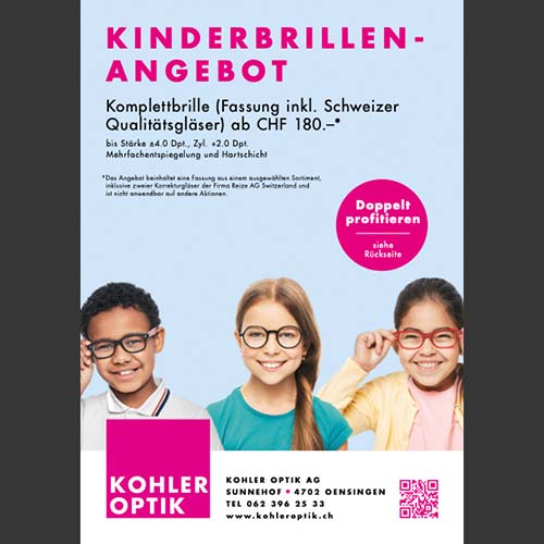 Liebe Eltern,wenn es um die Sehgesundheit Ihres Kindes geht, möchten Sie sicherstellen, dass Sie die bestmögliche Unterstützung erhalten. Bei Sehbeeinträchtigungen kann die Wahl der richtigen Brille einen grossen Unterschied machen. Wir bei der Kohler Optik AG Oensingen wissen, dass jedes Kind einzigartig ist und seine eigene individuelle Sehkorrektur benötigt. Deshalb bieten wir auch spezielle Brillengläser wie Blaufiltergläser und Myopiegläser an, um die Sehbedürfnisse Ihres Kindes zu erfüllen.Wir verstehen, dass der Kauf von Kinderbrillen eine grosse Entscheidung sein kann, insbesondere wenn es um Spezialgläser geht. Deshalb stehen Ihnen unsere zertifizierten Fachleute vor Ort zur Verfügung, um Sie umfassend zu beraten und Ihnen die bestmögliche Lösung für Ihr Kind zu empfehlen. Wir möchten sicherstellen, dass Ihr Kind die bestmögliche Sicht hat und sich mit seiner Brille wohl fühlt.Lassen Sie uns gemeinsam die optimale Lösung für Ihr Kind finden. Besuchen Sie uns gerne vor Ort und lassen Sie sich von unseren Fachleuten beraten.<br><br>#Sehgesundheit #Kinderbrillen #Spezialgläser #Blaufiltergläser #individuelleSehkorrektur #Myopiemanagement #zertifizierteFachleute #umfassendeBeratung #optimalLösung #Komfort #KohlerOptikAgOensingen #Oensingen
